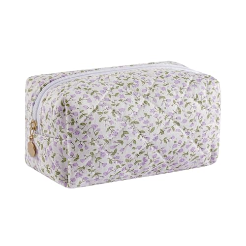 Gleyemor Small Quilted Makeup Bag for Women, Cute Floral Bow Cosmetic Bag, Emergency Bag Travel Toiletry Cotton Pouch Gifts for Girls Her Mom Friend Sister Bridesmaid (Purple Small Flower)