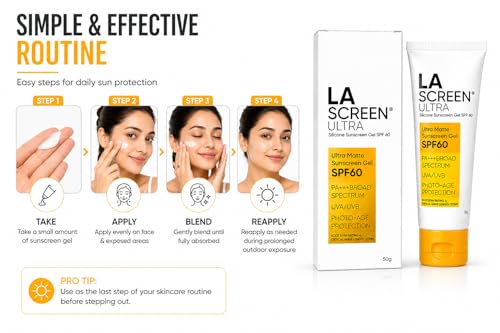 Image of LA Screen Ultra Matte Sunscreen Gel SPF 60 | PA+++ Broad Spectrum UVA /UVB Protection | Silicone-Based Lightweight Oil-Free Formula | Non-Greasy, Sweat-Resistant Sunblock for Oily & Acne-Prone Skin | Photo-Age Protection | 50g
