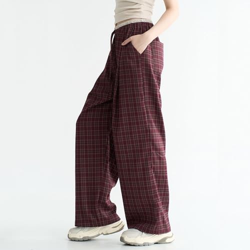 Women's Y2K Goth Baggy Wide Leg Plaid Pants Drawstring High Waist Color Blocking Casual Elastic Waist Trouser3