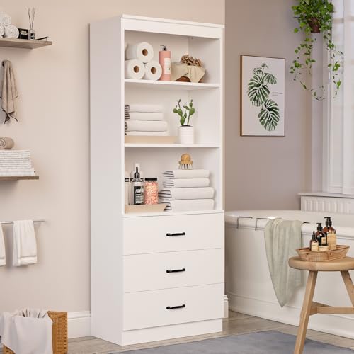 Image of 70 inch H Bookshelf with Drawers, Tall Bookcase with 3-Tier Open Shelves, Bookshelf and Bookcase with Storage Cabinet for Home Office,Living Room(White, 6-Tier)