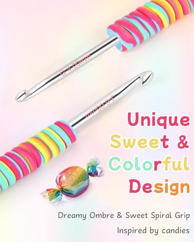 Image of 5 Sizes Crochet Hooks for Beginners 3.5mm(E)-6.0mm(J), Gradient Rainbow Ergonomic Grip for Arthritic, Extra Long Aluminum Crochet Needles, Ideal Crocheting Set Gift