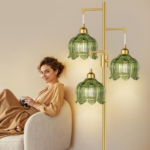 Image of Vintage Floor Lamps for Living Room 3 Light Glass Floor Lamp with 3 Color Temperatures, Dimmable Green Floor Lamp Gold Mid Century Modern Standing Lamp Tall Tree Flower Floor Lamp for Bedroom Corner