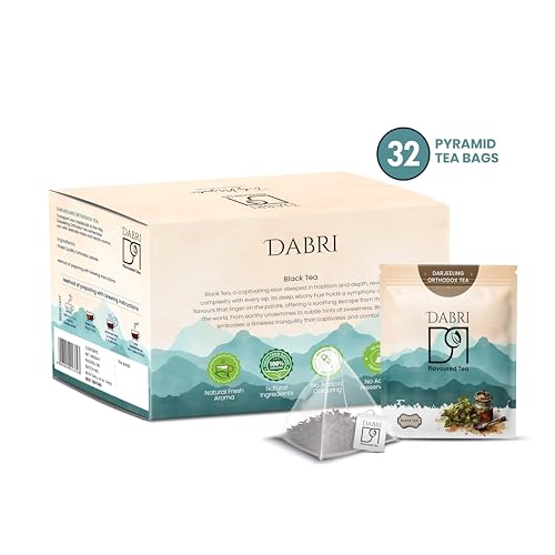 Image of DABRI Darjeeling Orthodox Black Tea 32 Pyramid Dip Tea Bags | No muslin or paper used | Authentic Black Tea from the premium estates in Darjeeling | Light, Floral & Muscatel Flavor