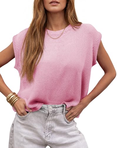 Image of Saodimallsu Womens Summer Cap Sleeve Tops 2026 Waffle Knit Going Out Casual Loose Crew Neck Lightweight Sweater Vest