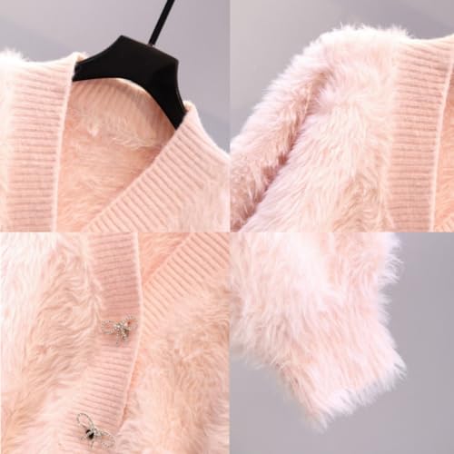 Womens Warm Fluffy Fur Cardigan Fuzzy Sweater Y2K Coat Solid Long Sleeve V Neck Rhinestone Bow Sweater3