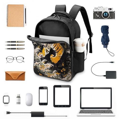 Japanese Tiger Wave Funny 16 Inch Backpack for Men Women Casual Daypack with 2 Compartment for Travel Work3