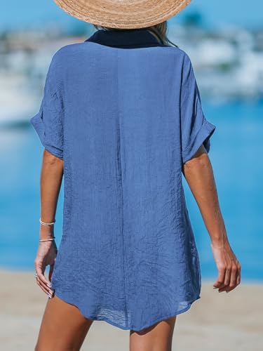 CUPSHE Women Swimsuit Cover Up V Neck Short Sleeve Button Front Beach Coverup Shirt Dress3