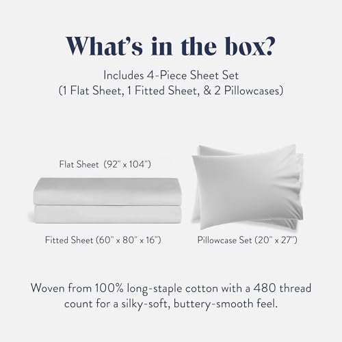 Brooklinen Luxury Sateen 4 Piece Sheet Set - 100% Cotton Bed Sheets, Soft & Durable Queen Size Sheets Set in White, Oeko-TEX Certified Bedding Set, 1 Fitted Sheet, 1 Flat Sheet, 2 Pillowcases
