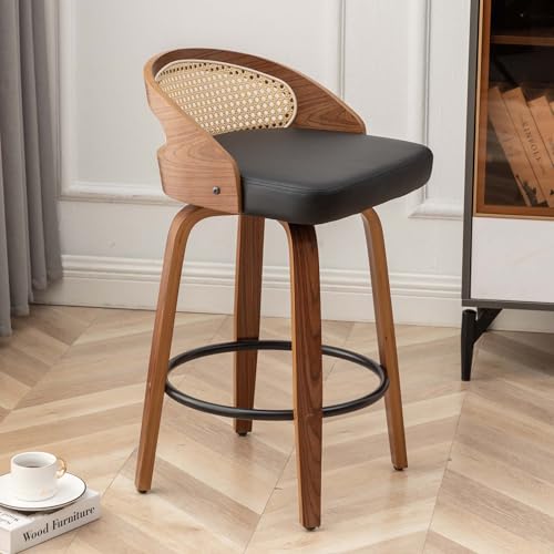 Image of 30 inch Swivel Rattan Bar Stools,Mid-Century Modern Faux Leather Upholstered Bar Height Stools Kitchen Island Barstool with Rattan Low Backrest,Walnut Wood Finish Bar Chairs,Black PU,1PCS