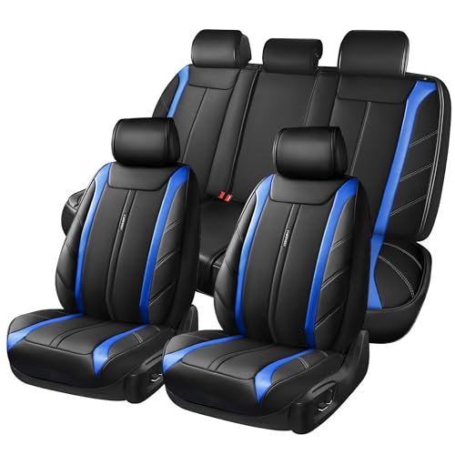 Image of CAR PASS Luxury Faux Leather Seat Covers Full Set, Breathable Sporty Premium Leather Seat Covers, Waterproof Anti Slip Automotive Seat Covers Universal Fit for 95% Trucks SUV Sedans Van,Black and Blue