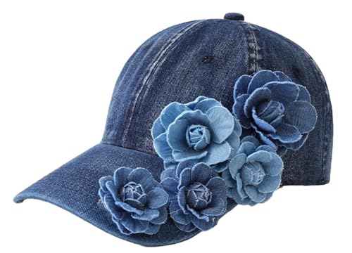 Casquette de baseball en denim délavé floral ajustable style papa pour femme