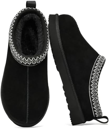 Genuine Suede Fuzzy Slippers for Women Winter Warm House Shoes Cozy Mini Boots for Indoor Outdoor