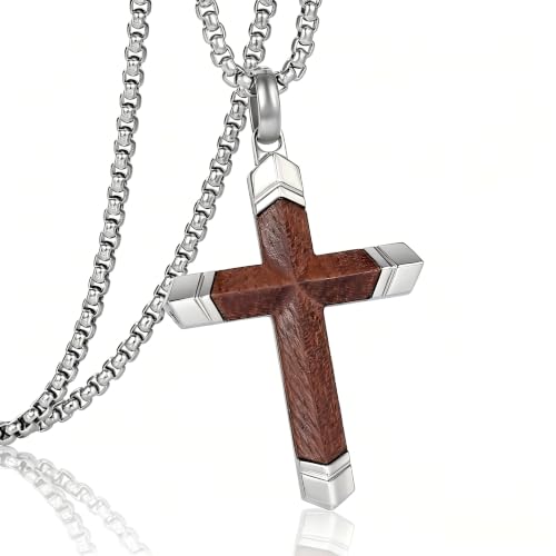 Image of Wooden Cross Necklace for Men with Stainless Steel Adjustable Chain 24-26in, Christian Wood Crucifix Pendant Gift for Him