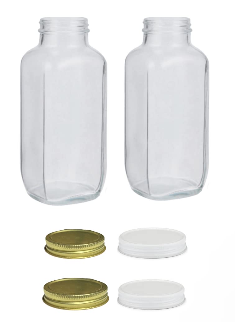 Glass Milk Bottle With 2 Extra Leak Free Lids Vintage Square Jugs 32 Ounces (Set of 2) Made in USA by Yes I Can