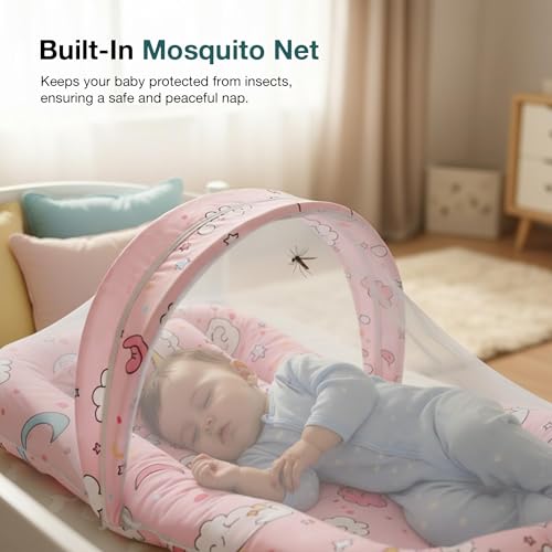 Image of BAYBEE 3 in 1 Baby Bedding Set with New Born Mosquito Net, Bed Mattress & Neck Pillow, Foldable Portable Nest Travel Bed, Baby Gift for Boy Girl (Lite Pink)