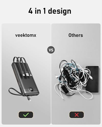 VEEKTOMX POWER BANK Chargeur Batterie avec Câbles Intégrés, 20,000mAh Batterie Externe pour iPhone, Ultra-Mince Petit Battery Pack de Voyage, Compatible avec iPhone/Samsung/Android (Noir), VT201 – Image 4