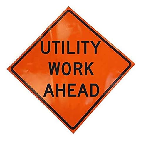 Eastern Metal Signs and Safety 36 x 36 Inch Non Reflective Vinyl Roll Up Utility Work Ahead Fluorescent Orange Warning Sign with Fiberglass Batons Cover