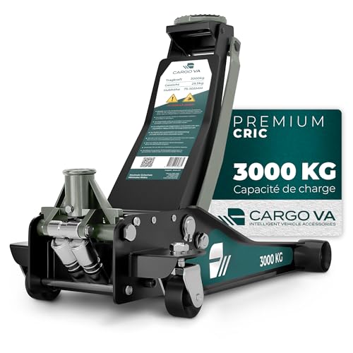 CargoVA Cric hydraulique 3T - Cric plat avec hauteur de levage de 75 à 505 mm - Kit d'outils professionnel avec tapis de genoux et 2 patins en caoutchouc - Idéal pour les SUV et les voitures