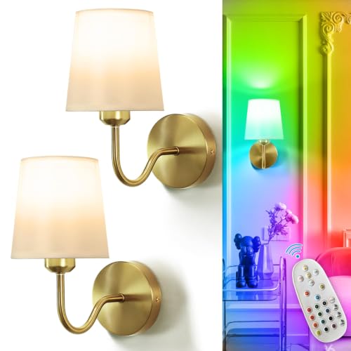 Image of Depuley Battery Operated Wall Sconce: Set of 2 Wireless Wall Lights with Remote Control - Rechargeable 10000mAh RGB Wall Lamp with 15 Colors, Gold Finish for Bedroom Living Room Hallway Home Decor