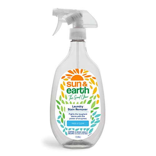 Stain Remover for Clothes by Sun & Earth, Free & Clear, Fights The Toughest Stains with The Power of Enzymes,Non-Toxic, Fragrance-Free, Made in The USA, 32 oz (Pack of 1), Packaging May Vary