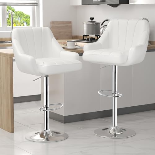 Image of VECELO Bar Stools Set of 4, Adjustable Barstools, Counter Height Stools with Back and Arm, Kitchen Island Stools, Swivel PU Chairs for Pub, Dining Room, Modern Style, White