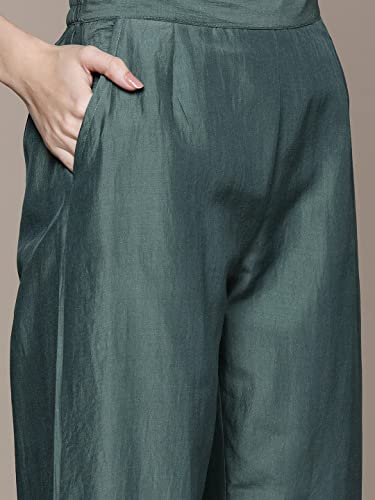 Image of anubhutee Women's Muslin Green Floral Embroidered Straight Kurta Suit Set With Pants And Dupatta