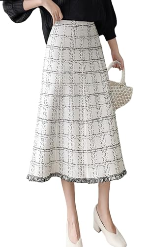 chouyatou Women's Elegant Plaid Tassels Fringe Tweed Skirt Knit Elastic High Waist A Line Midi Skirt