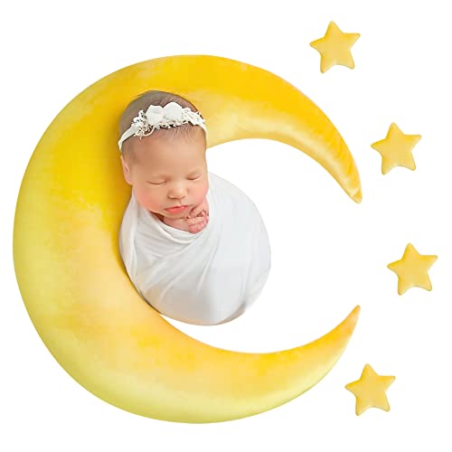 Image of Yarstar 1+4pcs Baby Moon Star Pillow Set Newborn Posing Photography Prop Moon Star Prop for Newborn Photography Baby Posing Pillows Baby Moon Nursery Pillow (B-Yellow)