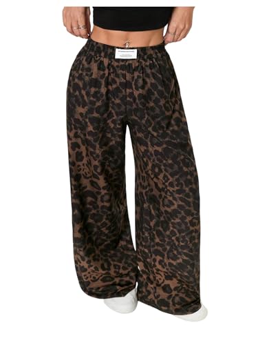 Women's Leopard Pants Y2K High Waisted Wide Leg Cheetah Track Pants Vintage Baggy Trousers