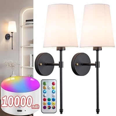 Battery Operated Wall Sconce Light with Remote Control, Dimmable Wall Sconce Set of 2 with White Fabric Shade, Indoor Wireless Battery Operated Wall Lamp Light For Bedroom Living Room, Bulb Included (