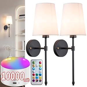 Battery Operated Wall Sconce Light with Remote Control, Dimmable Wall Sconce Set of 2 with White Fabric Shade, Indoor Wireless Battery Operated Wall Lamp Light For Bedroom Living Room, Bulb Included (