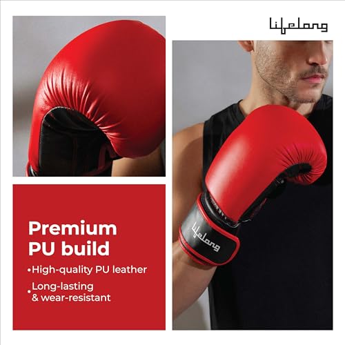 Image of Lifelong Boxing Gloves for Men and Women | Punching Bag Gloves with Moulded Foam Padding | for Training, Boxing, Kickboxing, Muay Thai, MMA | Durable PU Leather 1 Pair Gloves (Size 16 OZ, Color Red)
