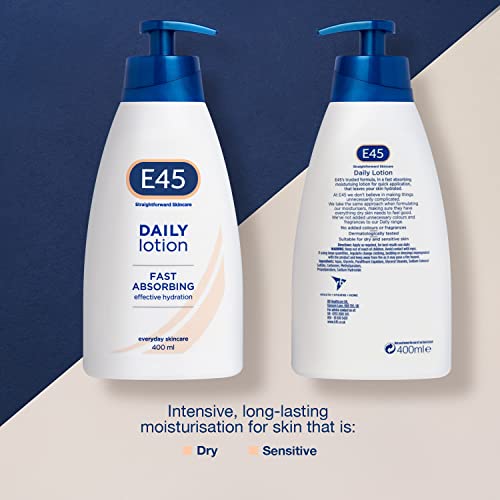 E45 Daily Skin Lotion 400 ml – E45 Lotion for Very Dry Skin – Non-Greasy Lightweight Moisturiser - Perfume-Free Body Face Hand Cream - Dermatologically Tested (Pack of 2)