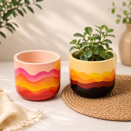 Image of Habere India-All the Cultures Fabricating India Hand Painted Terracotta Planter Set of 2 | Wave Sunset Design Indoor Plant Pot | Breathable Clay Pot with Drainage Hole(Set of 2: L12 x W12 x H10 cm)