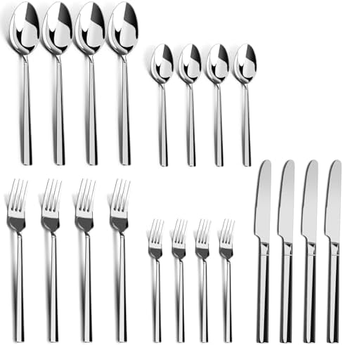WANGYUANJI 20-Piece Stainless Steel Flatware Set, Service for 4 — 4 × 5-Piece Place Settings (Knife, Dinner Fork, Salad Fork, Dinner Spoon & Teaspoon), Mirror-Finish, Dishwasher Safe Silverware
