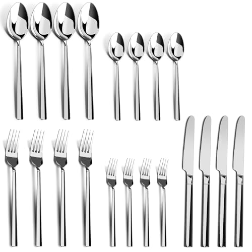 WANGYUANJI 20-Piece Stainless Steel Flatware Set, Service for 4 — 4 × 5-Piece Place Settings (Knife, Dinner Fork, Salad Fork, Dinner Spoon & Teaspoon), Mirror-Finish, Dishwasher Safe Silverware