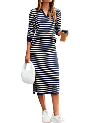 Glamaker Womens 2 Piece Skirt Sets Striped Sweater Dress Casual Polo Neck Knit Long Sleeve Midi Dresses Fall Fashion Outfits Navy White XL