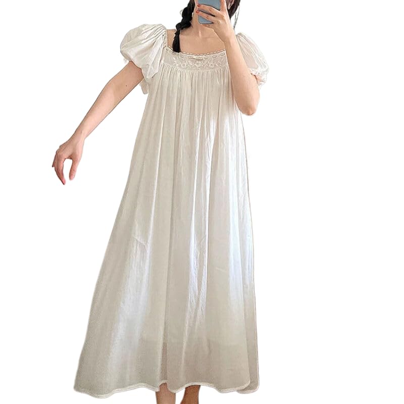 OFFSUM Camisón De Pijama De Mujer - Ropa De Dormir De Algodón Bordado A La Moda Albornoz De Princesa Informal De Talla Grande con Cuello Cuadrado Y Temperamento De Verano