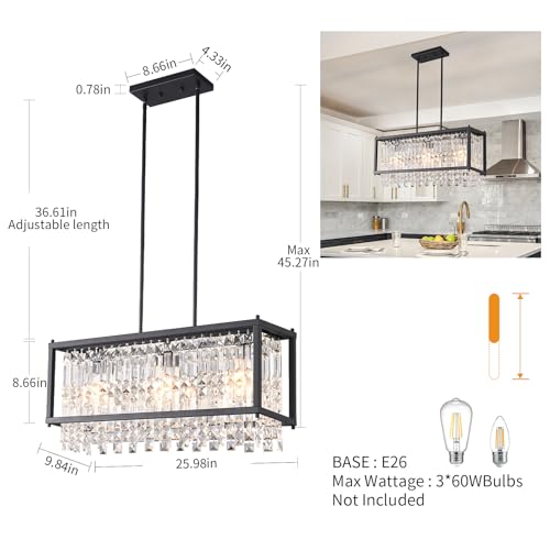 Image of LMQNINE Modern Rectangle Chandelier for Dining Room, Black Crystal Chandelier Linear Light Fixture, Farmhouse Chandeliers for Kitchen Island, Bar Table, L25.98'' x W9.84'' x H8.66''