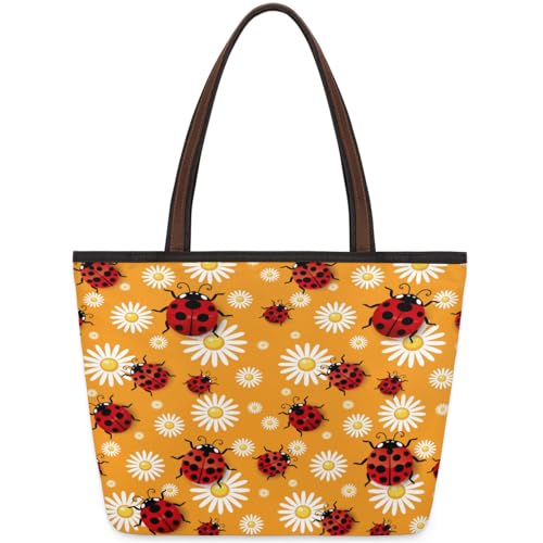 Ladybird Chrysanthemum Flowers Tote Bag Multi Pocket Zippered Beach Bag Lightweight Waterproof Handbag for Women Men Work Gym Travel Swimming Yoga Grocery Shopping L