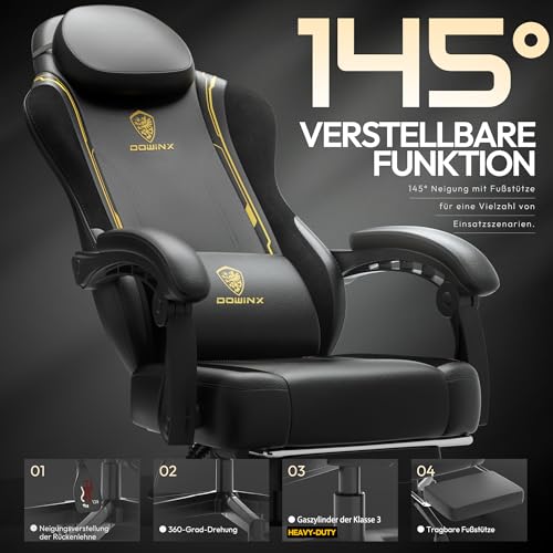 Image of Dowinx Gaming Chair, Office Chair, Gamer Chair, Ergonomic Gamer Chair with Footrest, Massage Gaming Chair, PU Leather, PC Chair, Widened Backrest, 150 kg, Yellow