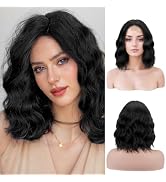 ORAVISTA Black Wavy Synthetic Wigs for Black Women, Short Curly Bob Wig, Middle Part, Breathable,...