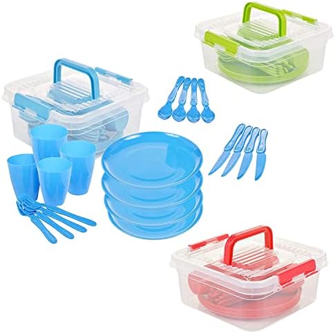 Large Plastic Picnic Camping Party Dinner Plate Mug Cutlery Set, 4 Person