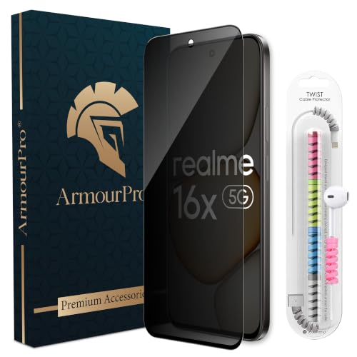Image of ArmourPro Privacy Tempered Glass for Realme 16x, Anti Spy Anti Peeping Screen Protector, Edge-to-Edge Full Coverage, 9H Hardness with Cable Protector | Black