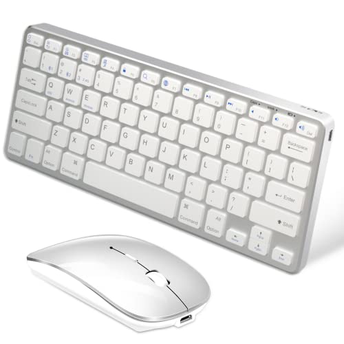 Kabellose Tastatur und Maus, wiederaufladbares Bluetooth-Tastatur-Maus-Set für Mac, 3 Multi-Geräte stabile Verbindung, echte schlanke Maus und Tastatur für iPad, iPhone, iOS, Android, Laptop, Silber Cover