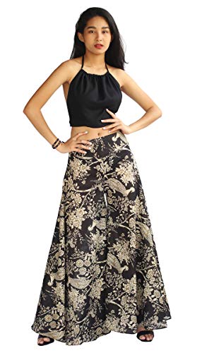 Tropic Bliss Wide-Leg Palazzo Pants for Women, Boho Hippie Style Skirt Pant, Japanese Style Print Black Gold
