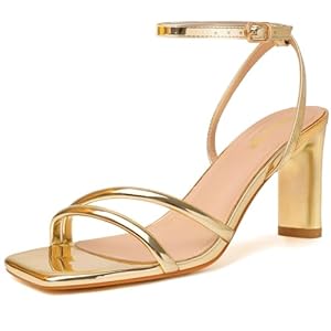 RIBONGZ Womens Strappy Heels Square Open Toe High Heels for Women Ankle Strap Chunky Heeled Sandals Wedding Bridal Shoes Comfort High Heel Sandals Dress Party Shoes