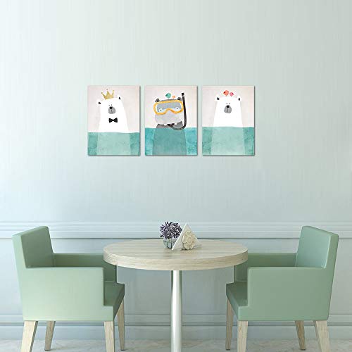 Artbones Polar Bear And Hippo In Teal Water Canvas Art Photo Prints Cute Cartoon Animal Painting Stretched Framed Nursery Wall Decor Kids Bathroom Decor 12X16Inchx3 Panels #TOP3