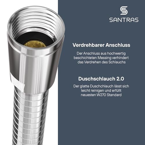 SANTRAS® Duschschlauch PREMIUM Chrom 0,80 m MADE IN GERMANY mit Wassersparer – Besonders flexibel und verdrehsicher mit DURCHFLUSSBEGRENZER – Brauseschlauch in Edelstahloptik aus Easy Clean Material