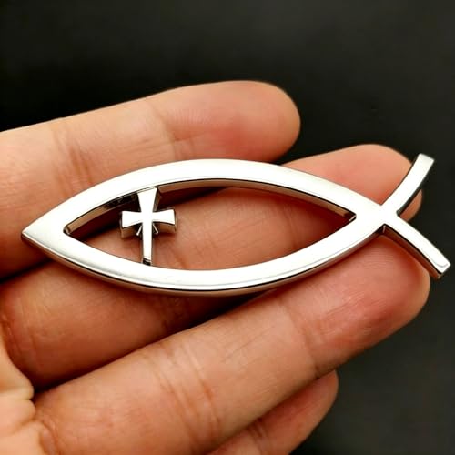 Image of 3D Chrome Emblem Badge Sticker Christian Fish with Cross Chrome Emblem Decoration for Car, Truck, Motorcycle, RV, Scooter, SUV, Door, Window (Silver Christian Fish)